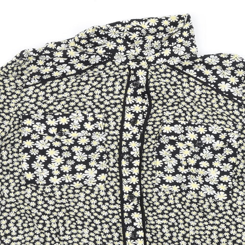 TU Womens Black Floral Viscose Basic Button-Up Size 8 Collared