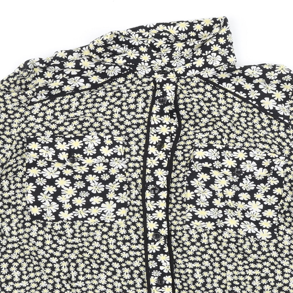 TU Womens Black Floral Viscose Basic Button-Up Size 8 Collared