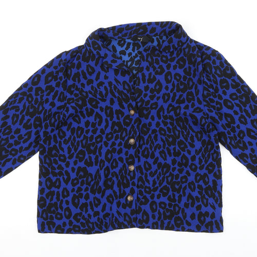 New Look Womens Blue Animal Print Polyester Basic Button-Up Size 10 Collared - Leopard print