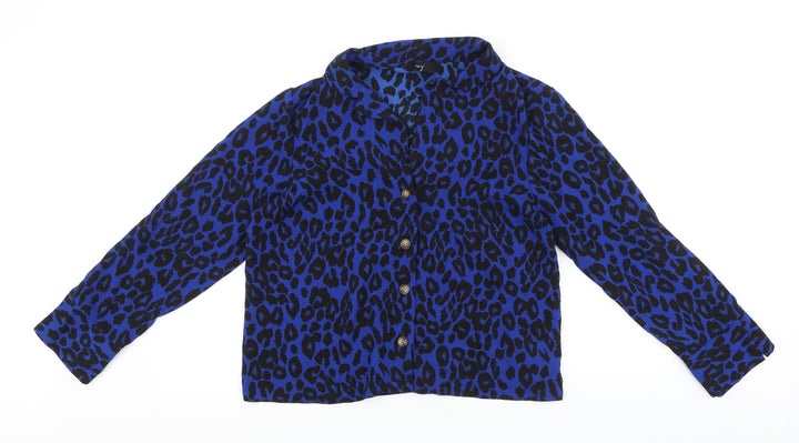 New Look Womens Blue Animal Print Polyester Basic Button-Up Size 10 Collared - Leopard print