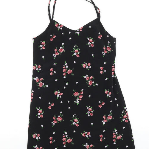 H&M Womens Black Floral Polyester Tank Dress Size 4 V-Neck Pullover
