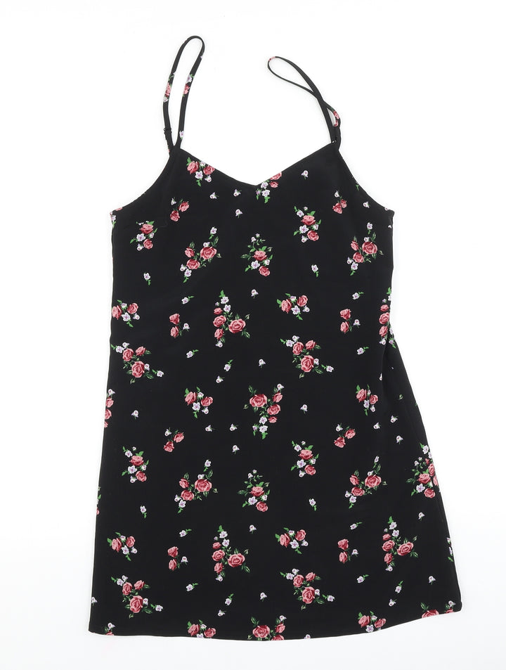 H&M Womens Black Floral Polyester Tank Dress Size 4 V-Neck Pullover