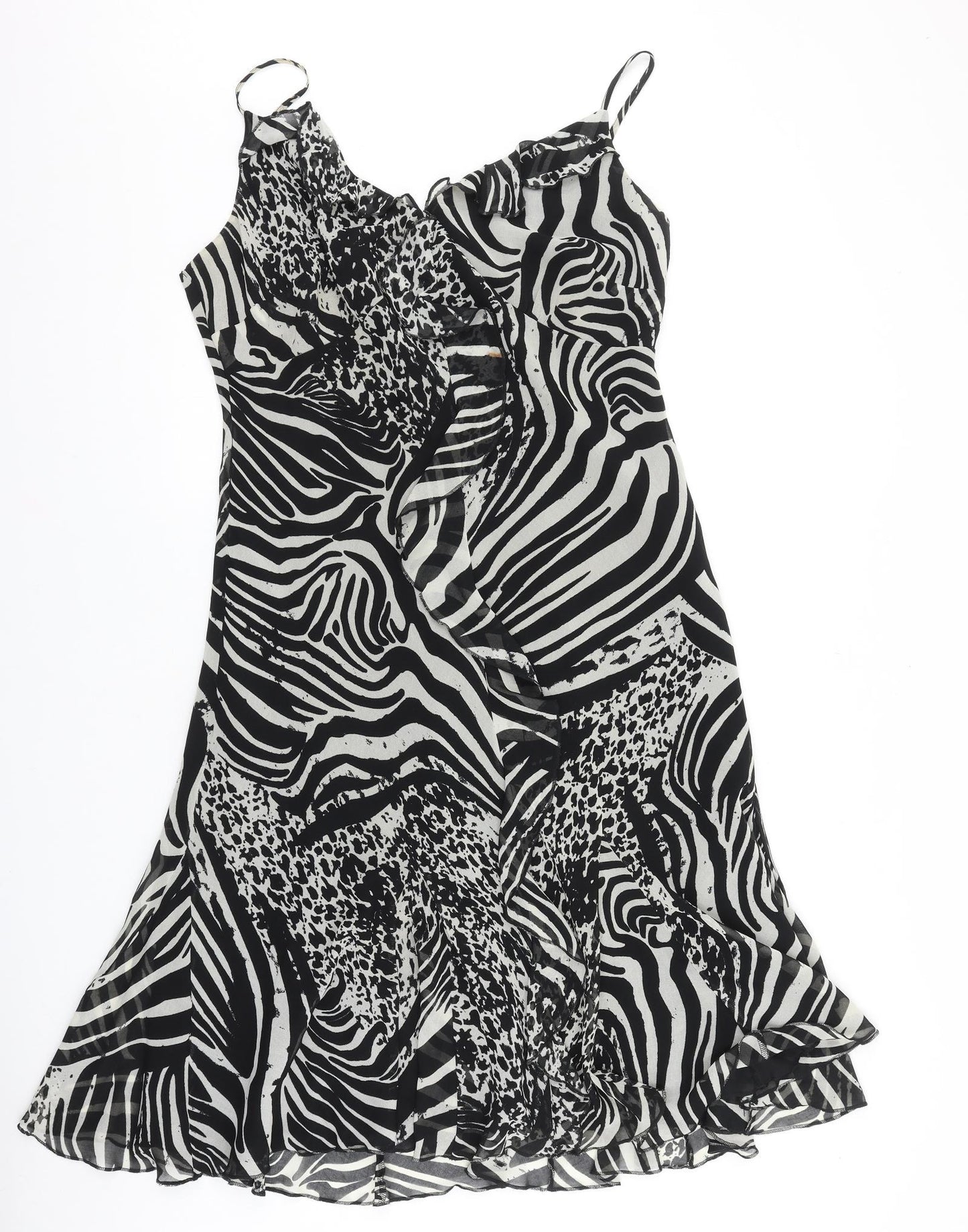 Marks and Spencer Womens Black Animal Print Polyester Tank Dress Size 18 V-Neck Pullover - Leopard Zebra Pattern