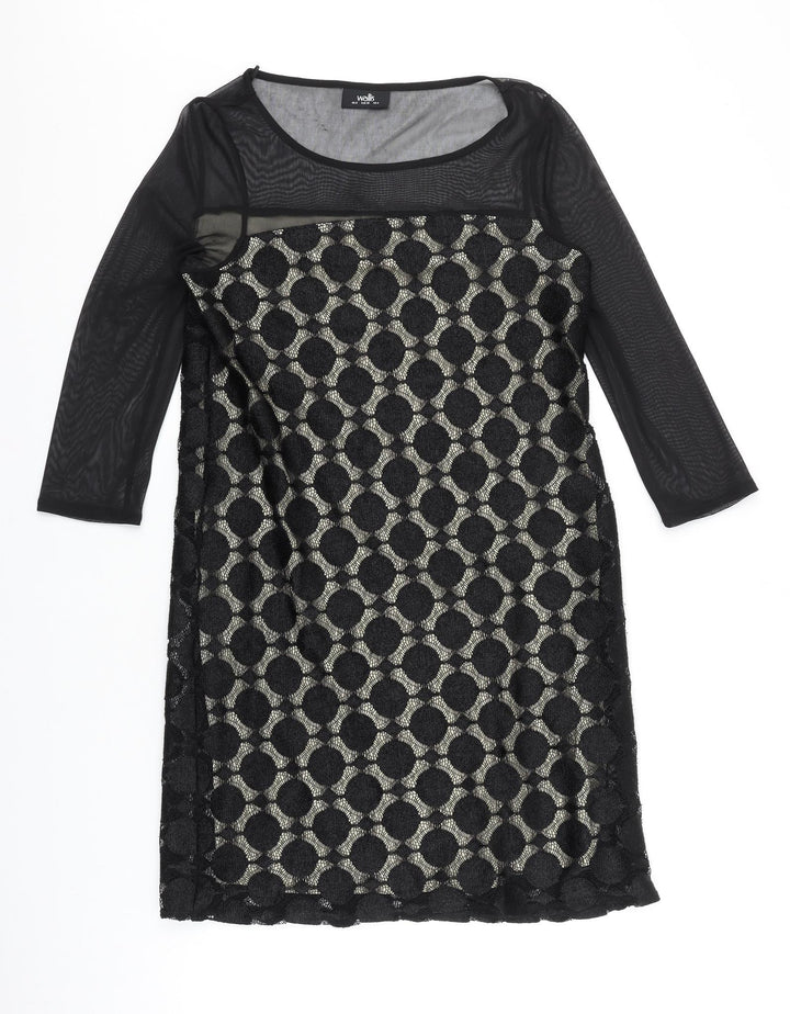 Wallis Womens Black Geometric Polyester Shift Size 8 Scoop Neck Pullover