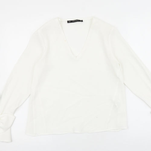 Zara Womens White Polyester Basic Blouse Size XS V-Neck