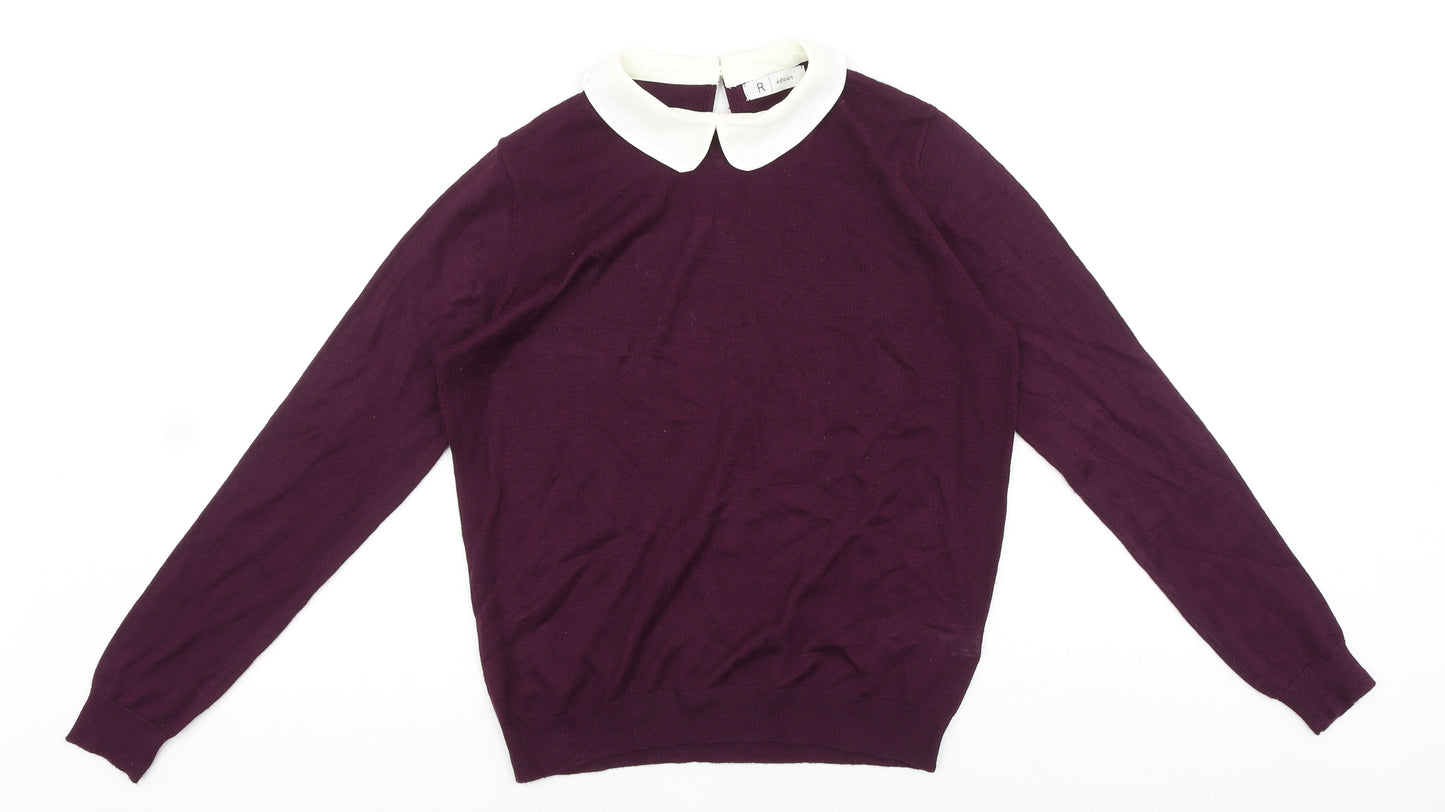 R Edition Womens Purple Collared Cotton Pullover Jumper Size S