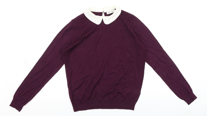 R Edition Womens Purple Collared Cotton Pullover Jumper Size S