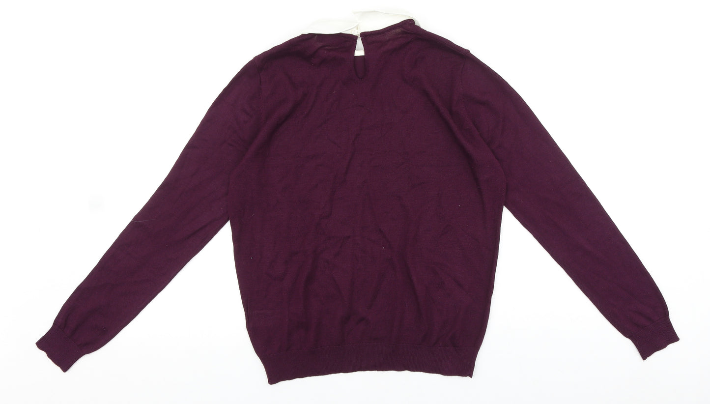 R Edition Womens Purple Collared Cotton Pullover Jumper Size S