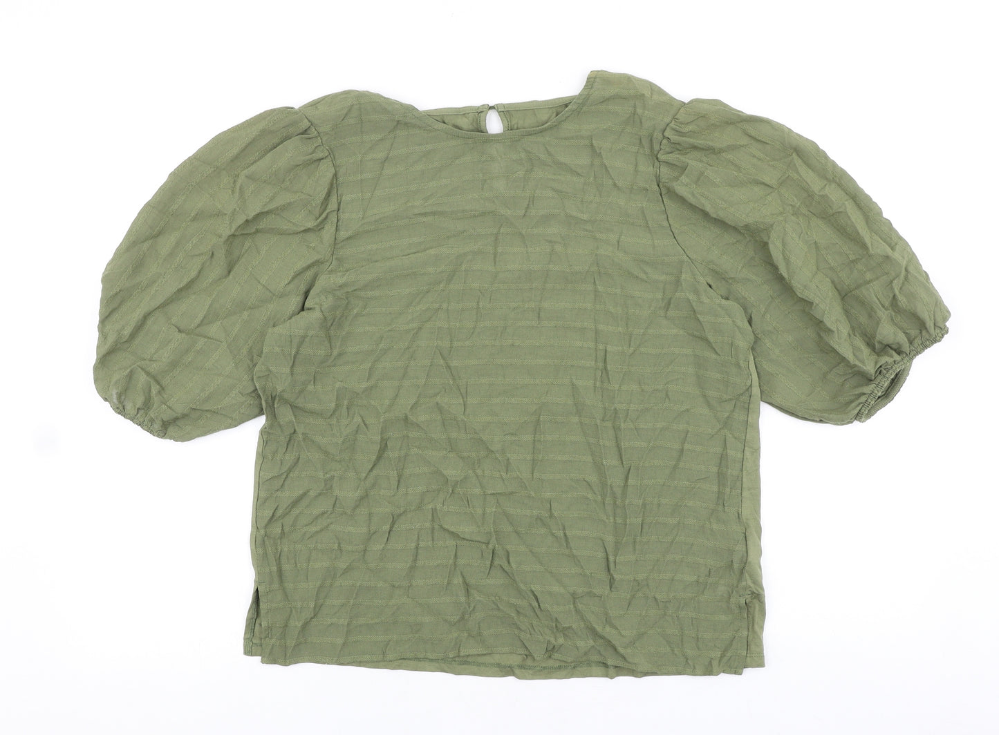Marks and Spencer Womens Green Striped Polyester Basic T-Shirt Size 14 Boat Neck - Puff Sleeve