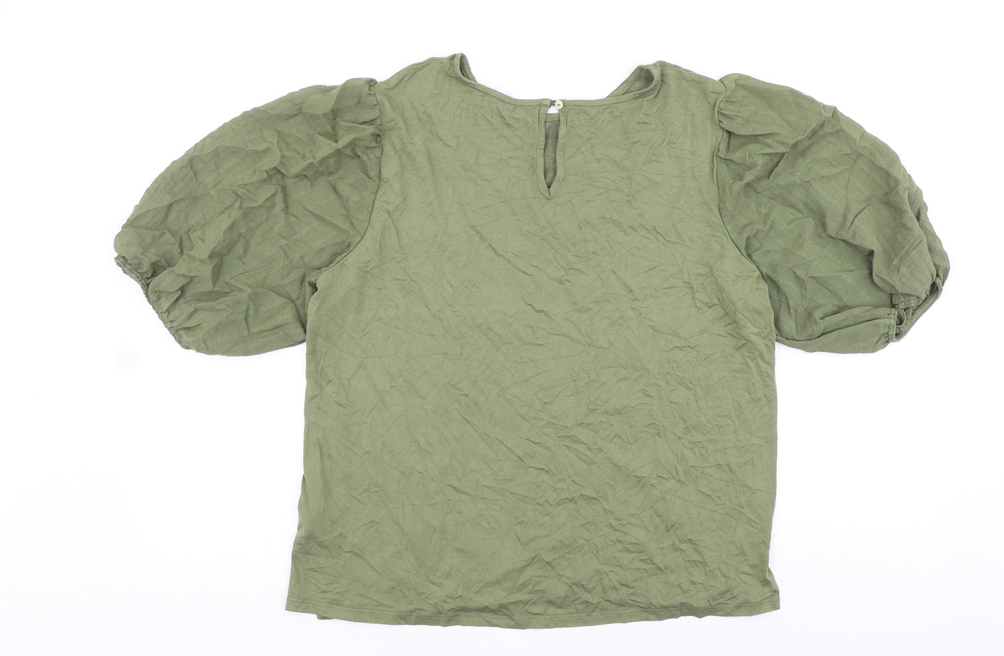 Marks and Spencer Womens Green Striped Polyester Basic T-Shirt Size 14 Boat Neck - Puff Sleeve