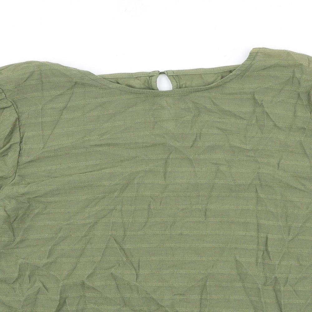 Marks and Spencer Womens Green Striped Polyester Basic T-Shirt Size 14 Boat Neck - Puff Sleeve