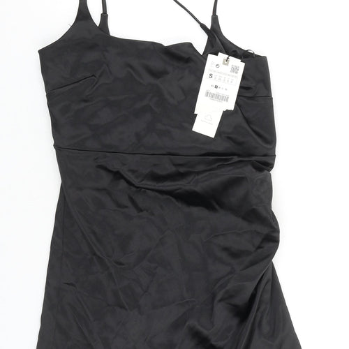Zara Womens Black Polyester Slip Dress Size S Square Neck Zip