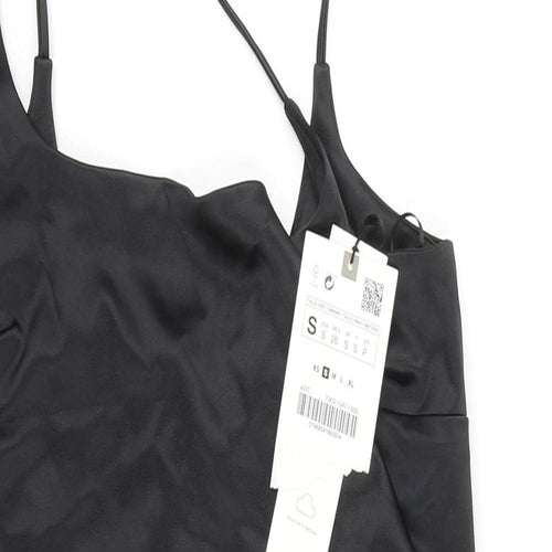 Zara Womens Black Polyester Slip Dress Size S Square Neck Zip