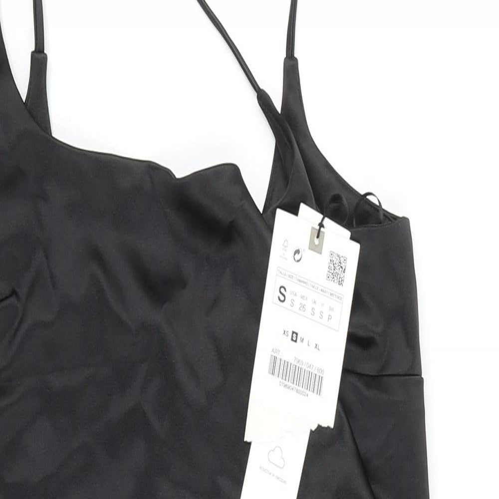 Zara Womens Black Polyester Slip Dress Size S Square Neck Zip