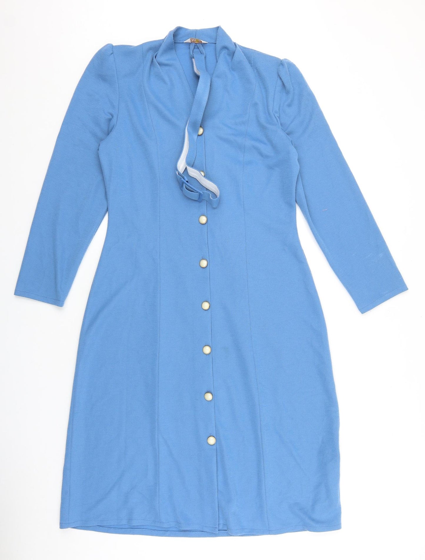 Daxon Womens Blue Viscose A-Line Size 12 V-Neck Button - Belt Inlcuded