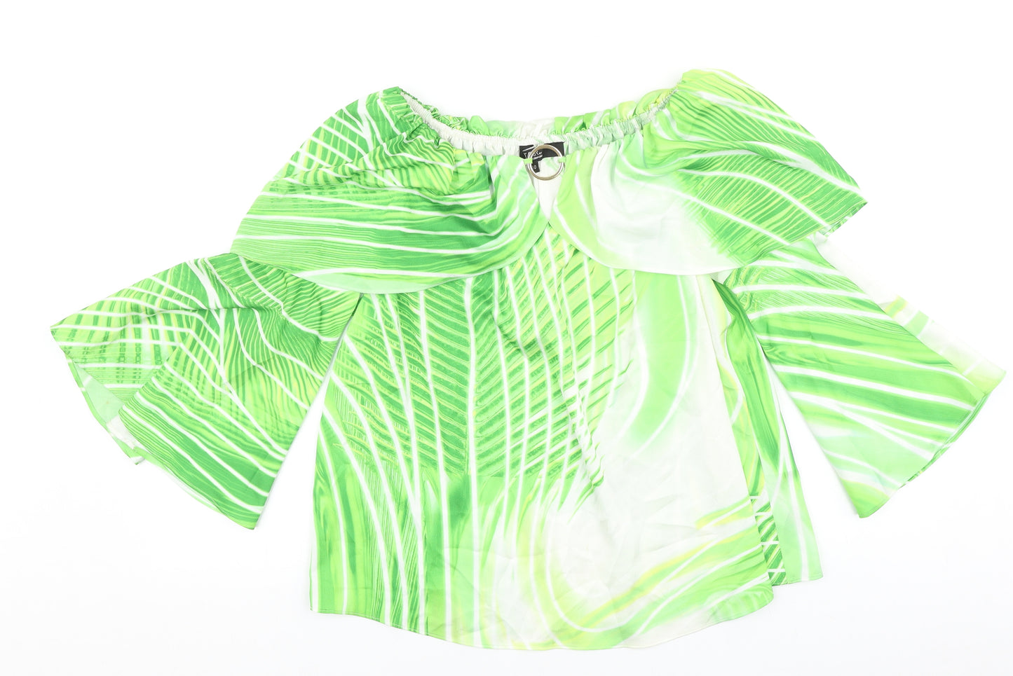 Star Womens Green Geometric Polyester Basic Blouse Size 10 Boat Neck - Flute Sleeve