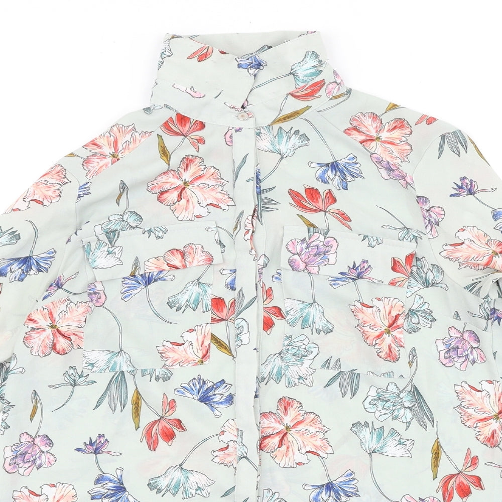 Primark Womens Blue Geometric Polyester Basic Button-Up Size 8 V-Neck