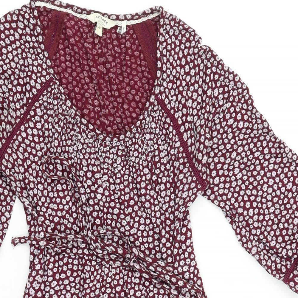 Fat Face Womens Red Floral Polyester Fit & Flare Size 10 Scoop Neck Tie