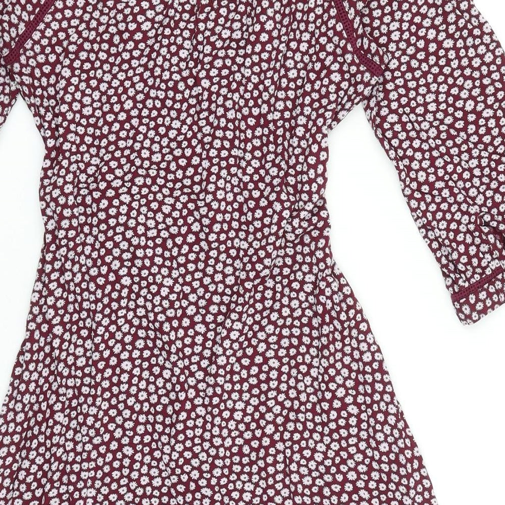 Fat Face Womens Red Floral Polyester Fit & Flare Size 10 Scoop Neck Tie
