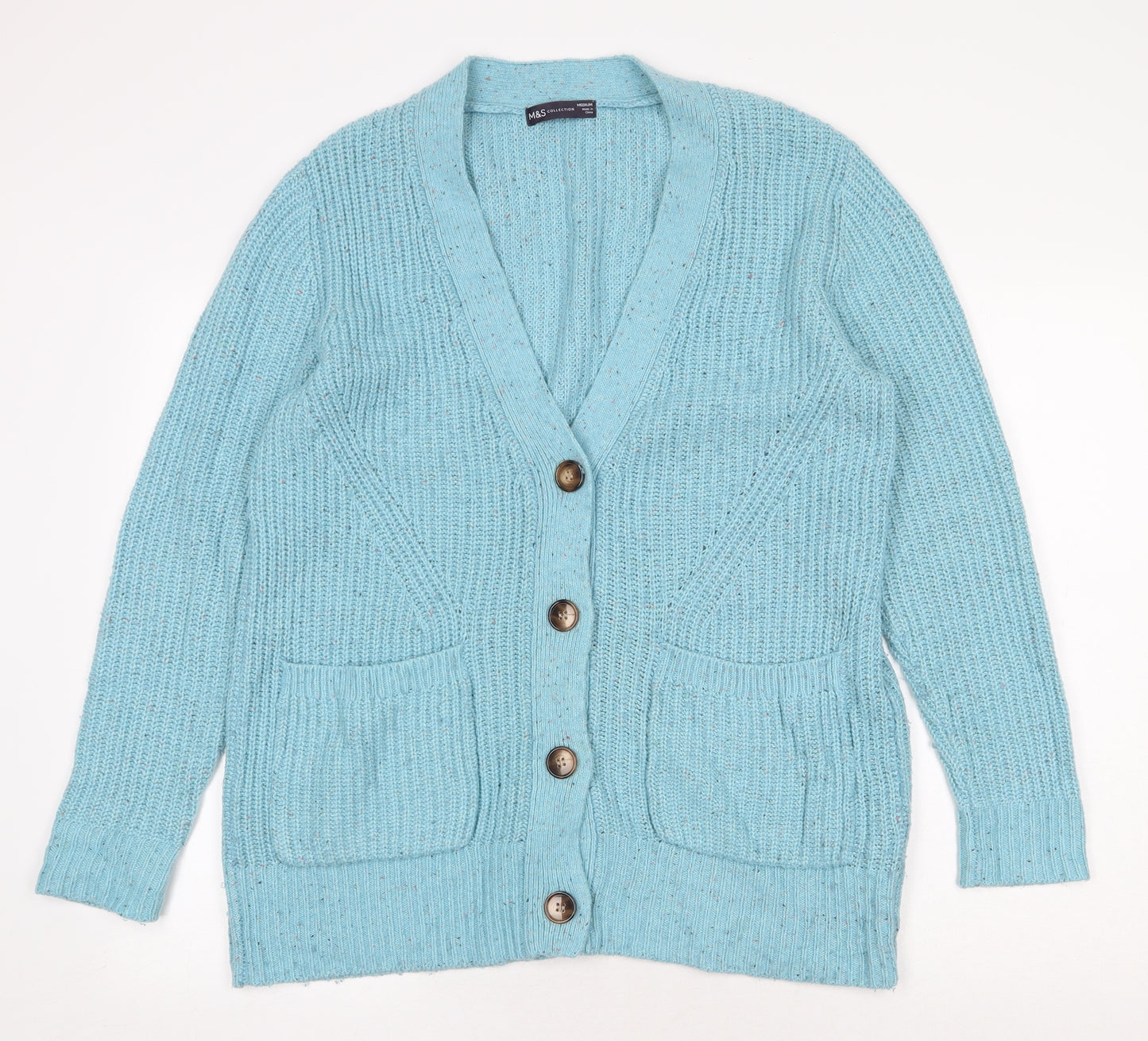 Marks and Spencer Womens Blue V-Neck Cotton Cardigan Jumper Size M
