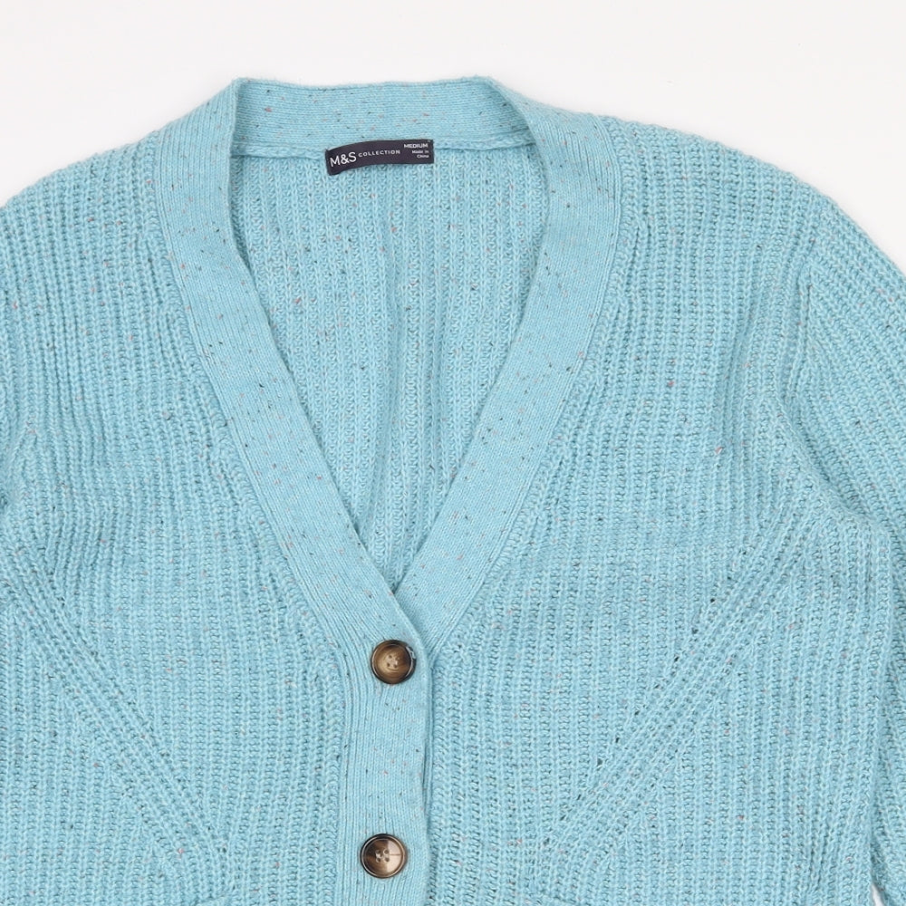 Marks and Spencer Womens Blue V-Neck Cotton Cardigan Jumper Size M