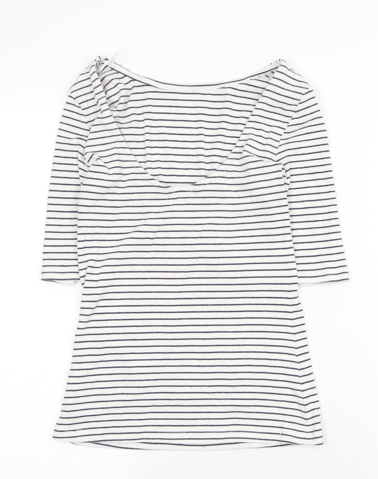 F&F Womens White Striped Cotton Basic T-Shirt Size 8 Round Neck