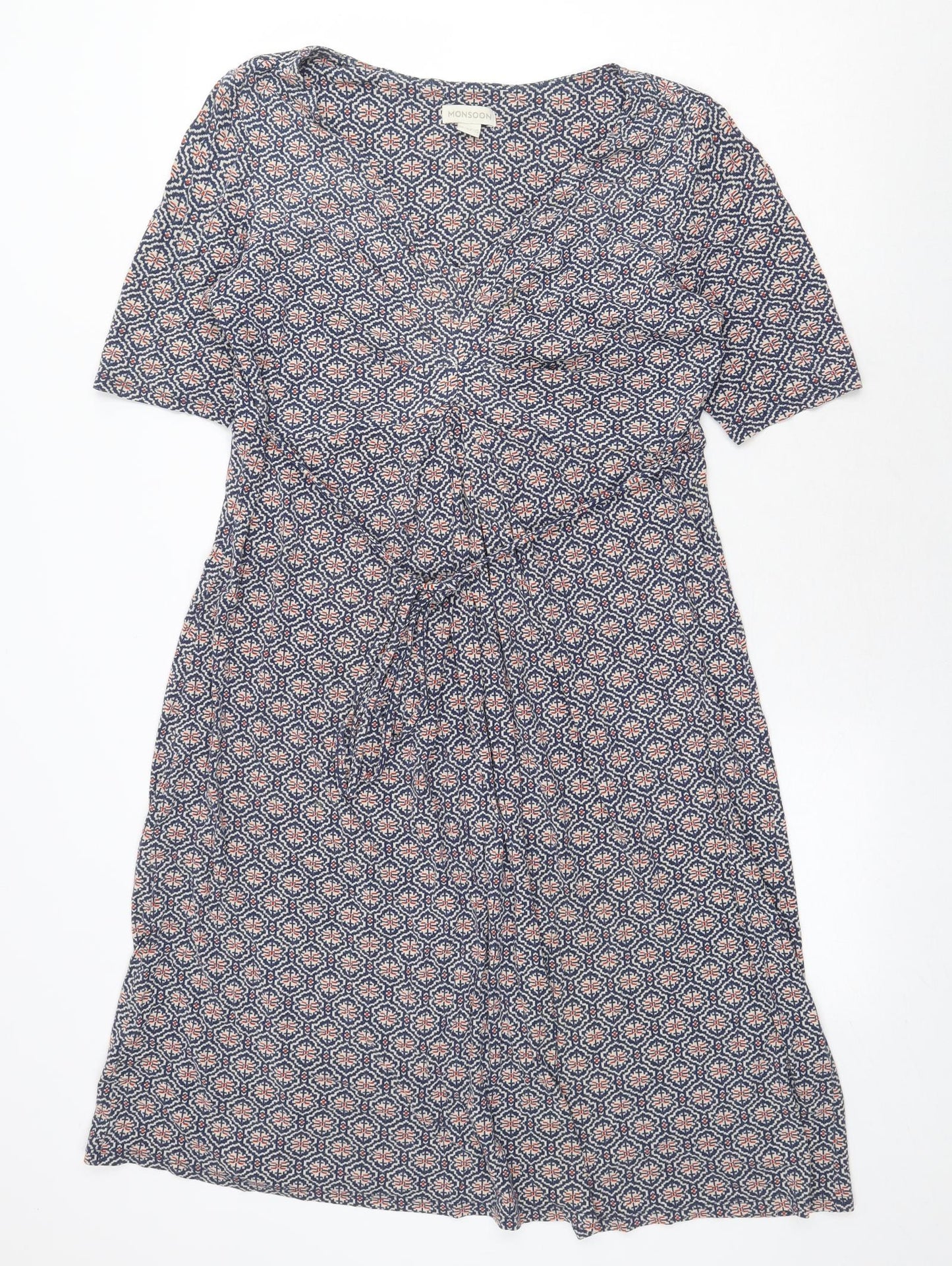 Monsoon Womens Blue Geometric Viscose Shift Size 14 V-Neck Tie