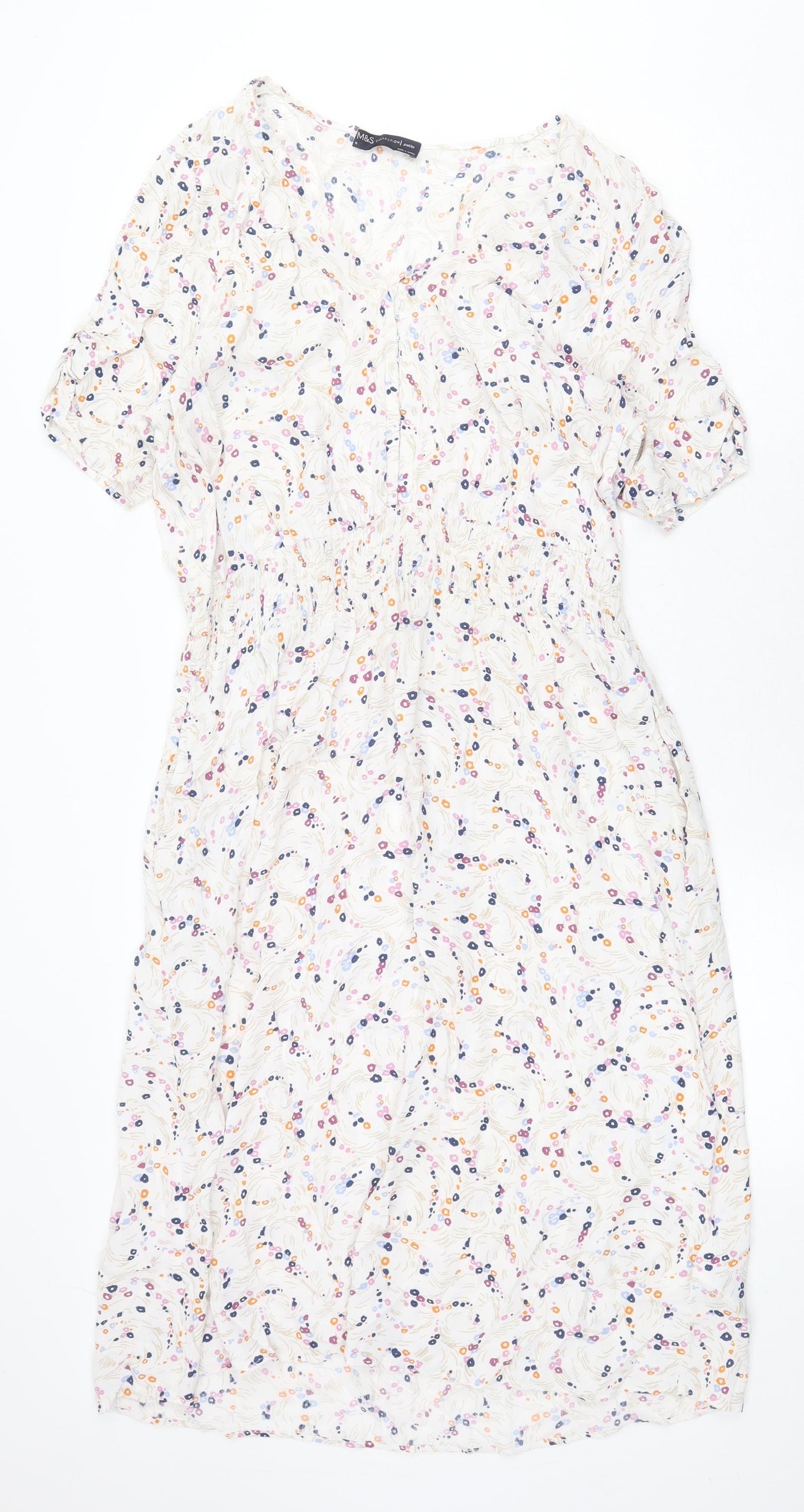 Marks and Spencer Womens White Geometric Viscose A-Line Size 16 V-Neck Button - Hook & Eye Closure