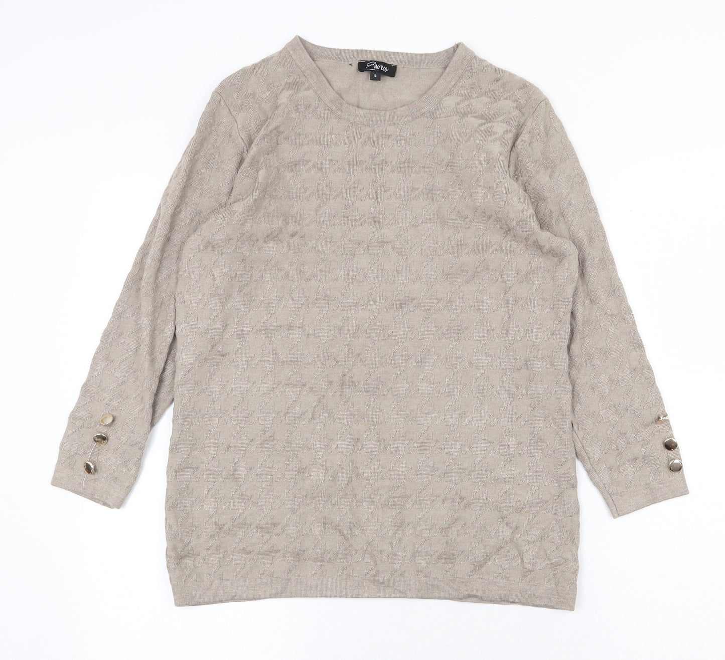 Emreco Womens Beige Scoop Neck Geometric Viscose Pullover Jumper Size S