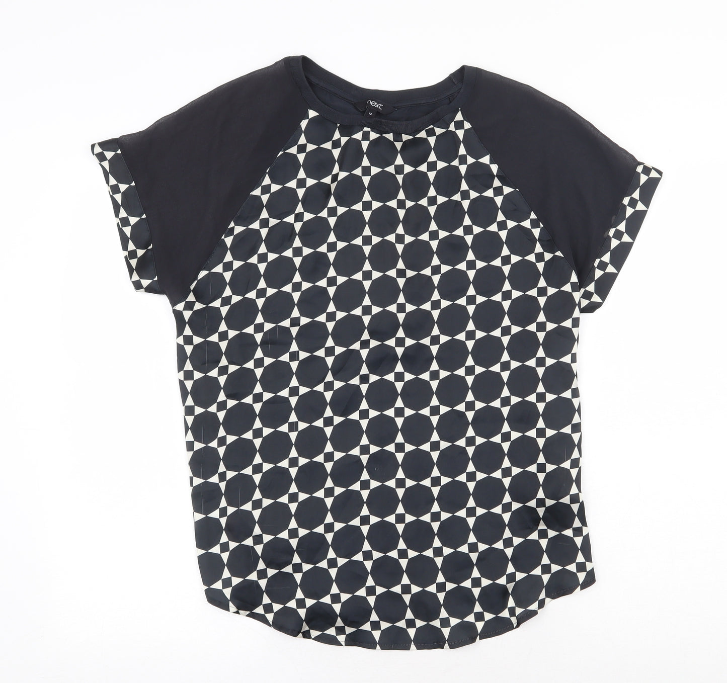 NEXT Womens Black Geometric Polyester Basic Blouse Size 12 Round Neck