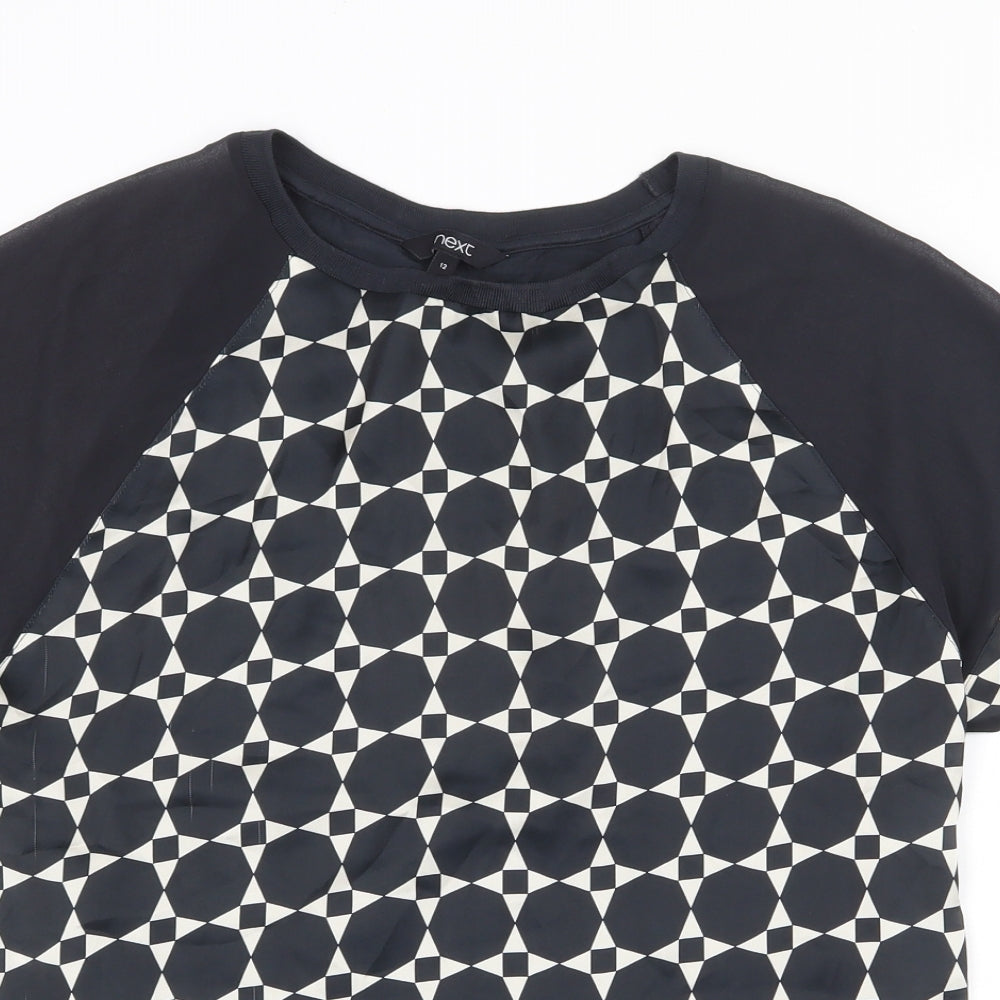 NEXT Womens Black Geometric Polyester Basic Blouse Size 12 Round Neck