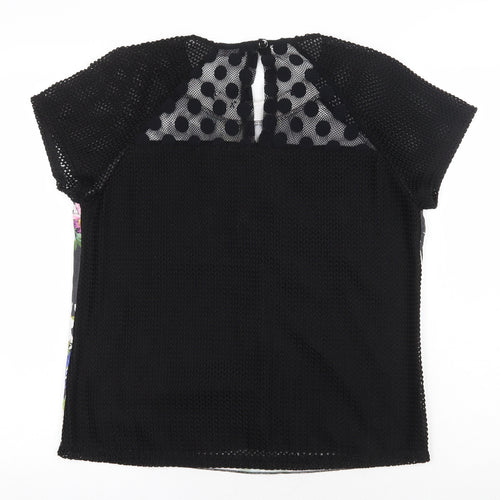 Amethyst Womens Black Geometric Viscose Basic T-Shirt Size L Round Neck