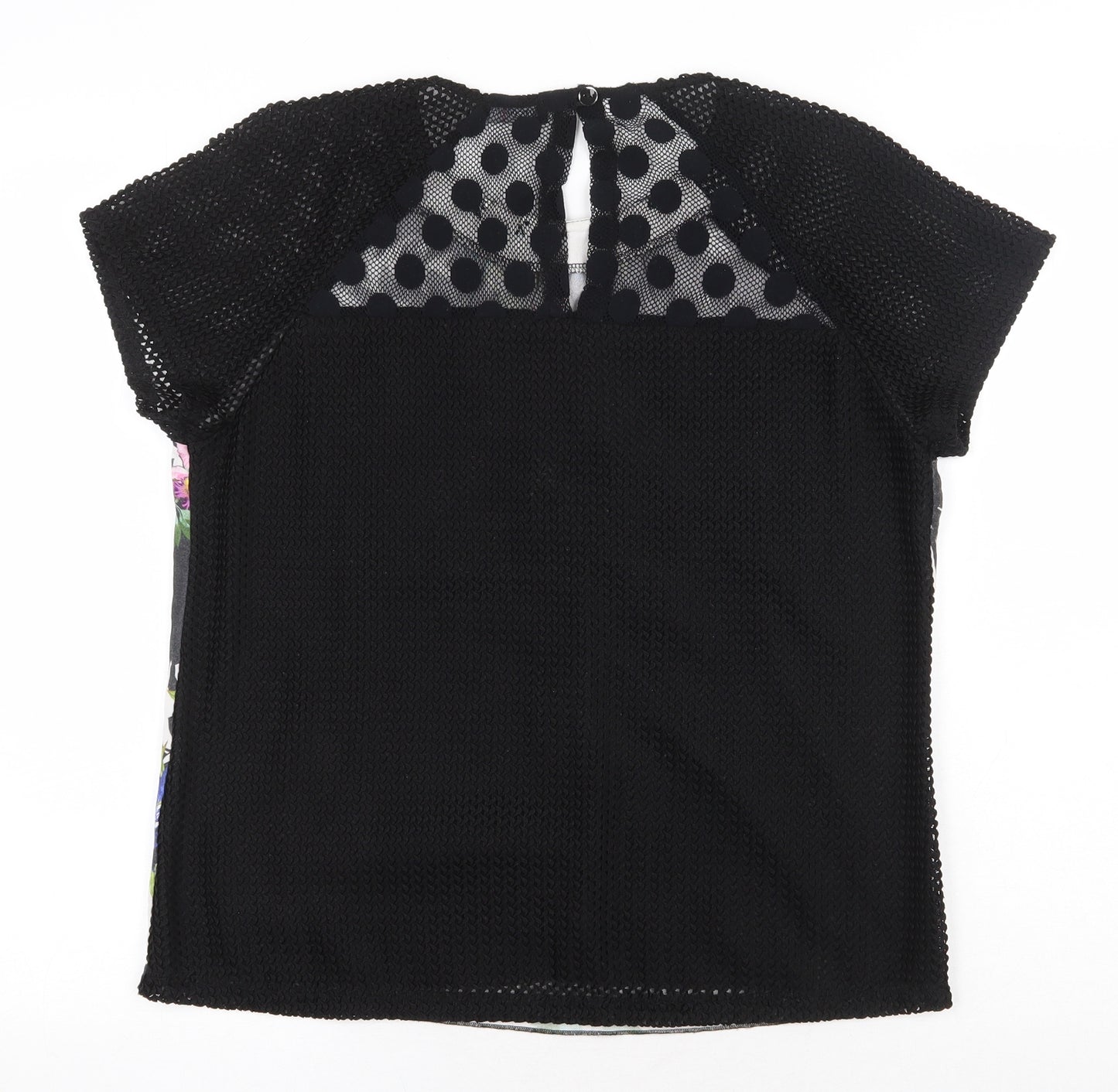 Amethyst Womens Black Geometric Viscose Basic T-Shirt Size L Round Neck