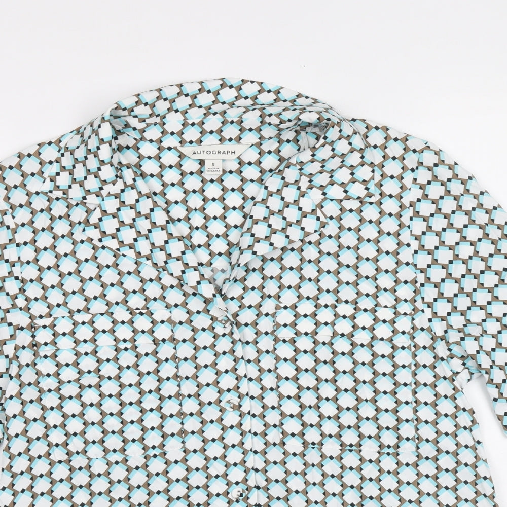 Autograph Womens White Geometric Viscose Basic Blouse Size 8 V-Neck
