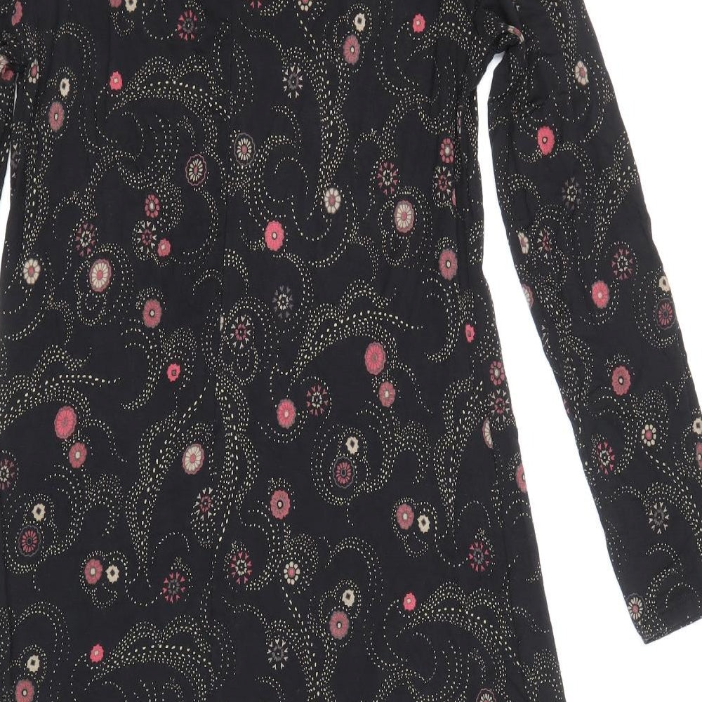 Marks and Spencer Womens Black Floral Viscose A-Line Size 8 Roll Neck Button