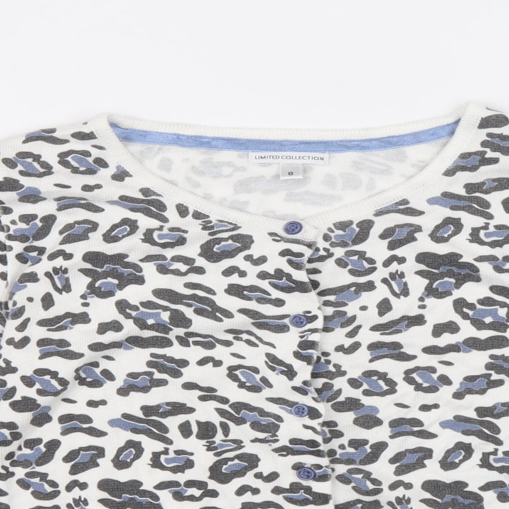 Marks and Spencer Womens White Round Neck Animal Print Acrylic Cardigan Jumper Size 8 - Leopard Print
