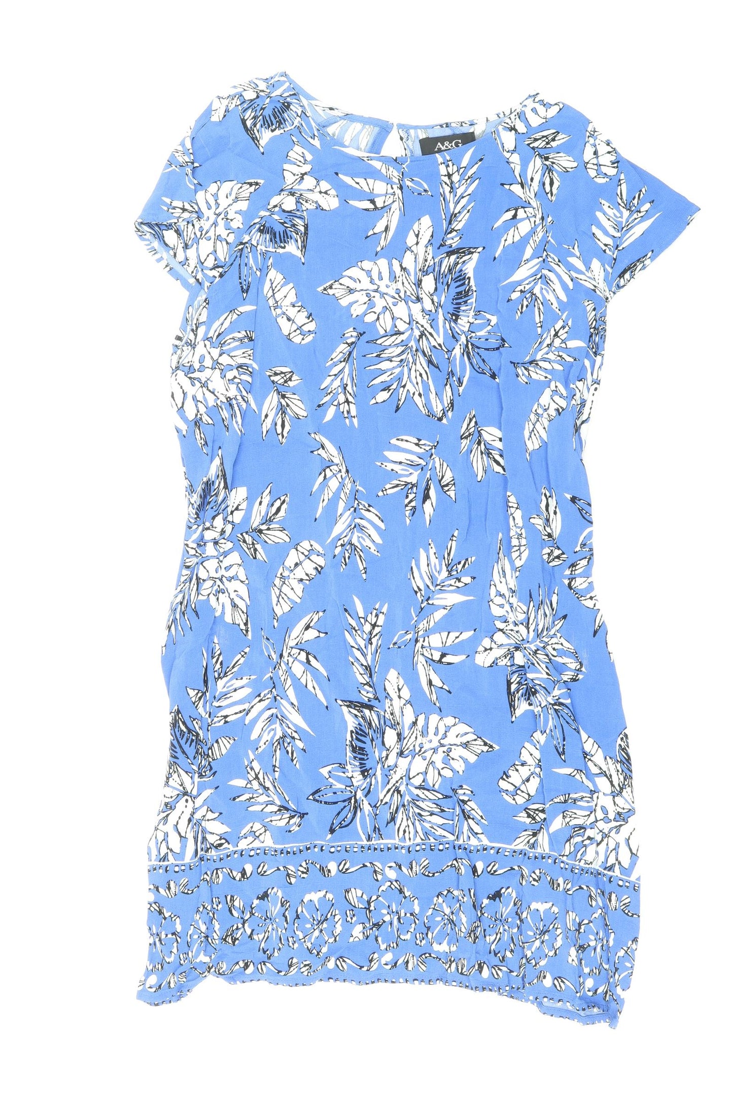 A&G Womens Blue Geometric Viscose A-Line Size 16 Round Neck Button