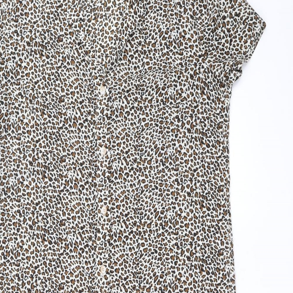 Yumi Womens Brown Animal Print Polyester Shirt Dress Size 14 Collared Button
