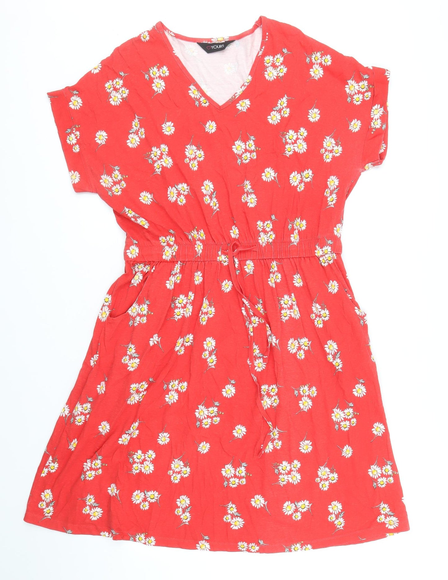 Yours Womens Red Floral Cotton Skater Dress Size 16 V-Neck Pullover