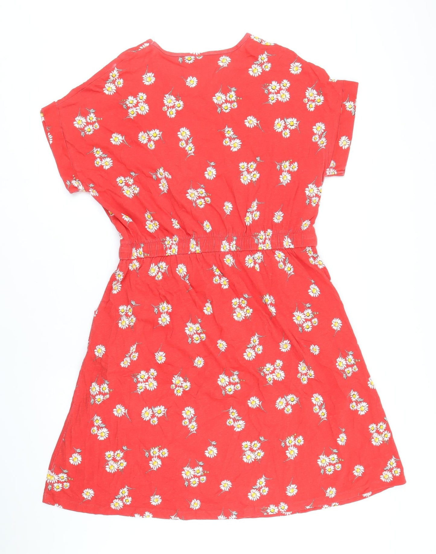 Yours Womens Red Floral Cotton Skater Dress Size 16 V-Neck Pullover