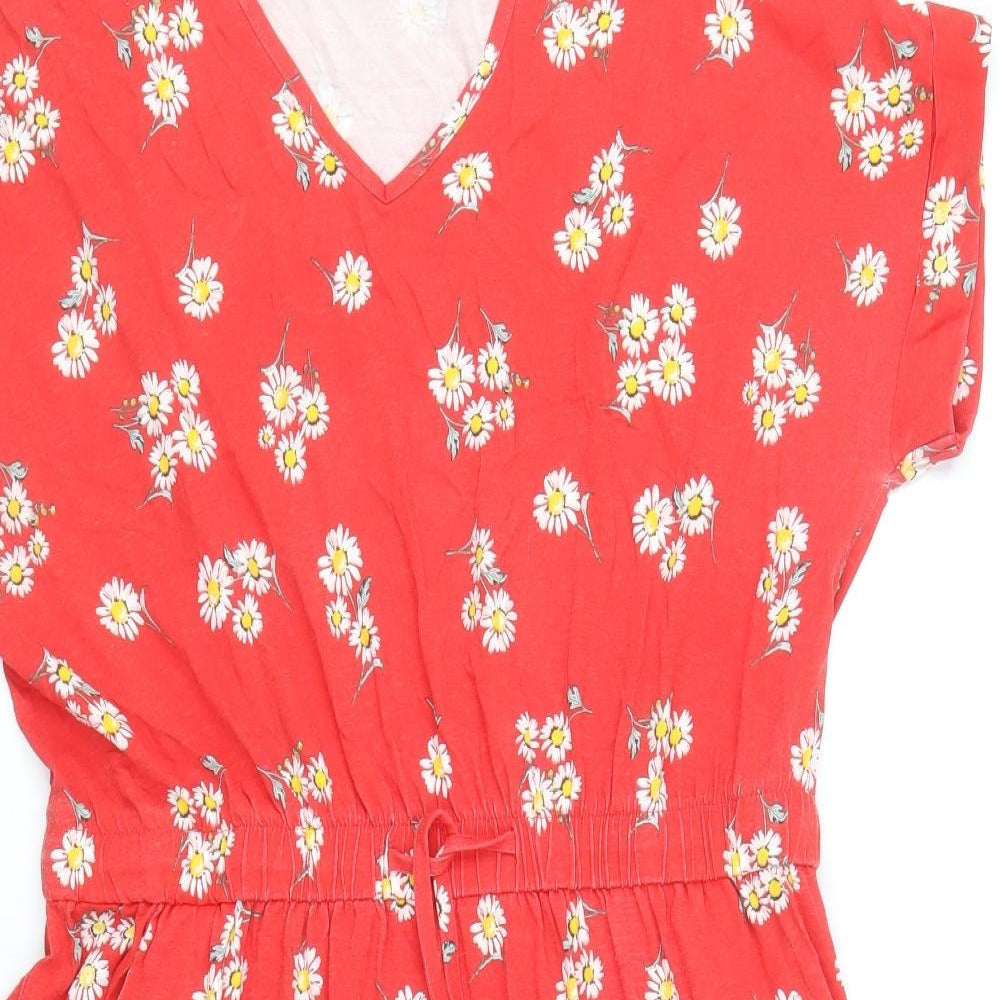 Yours Womens Red Floral Cotton Skater Dress Size 16 V-Neck Pullover