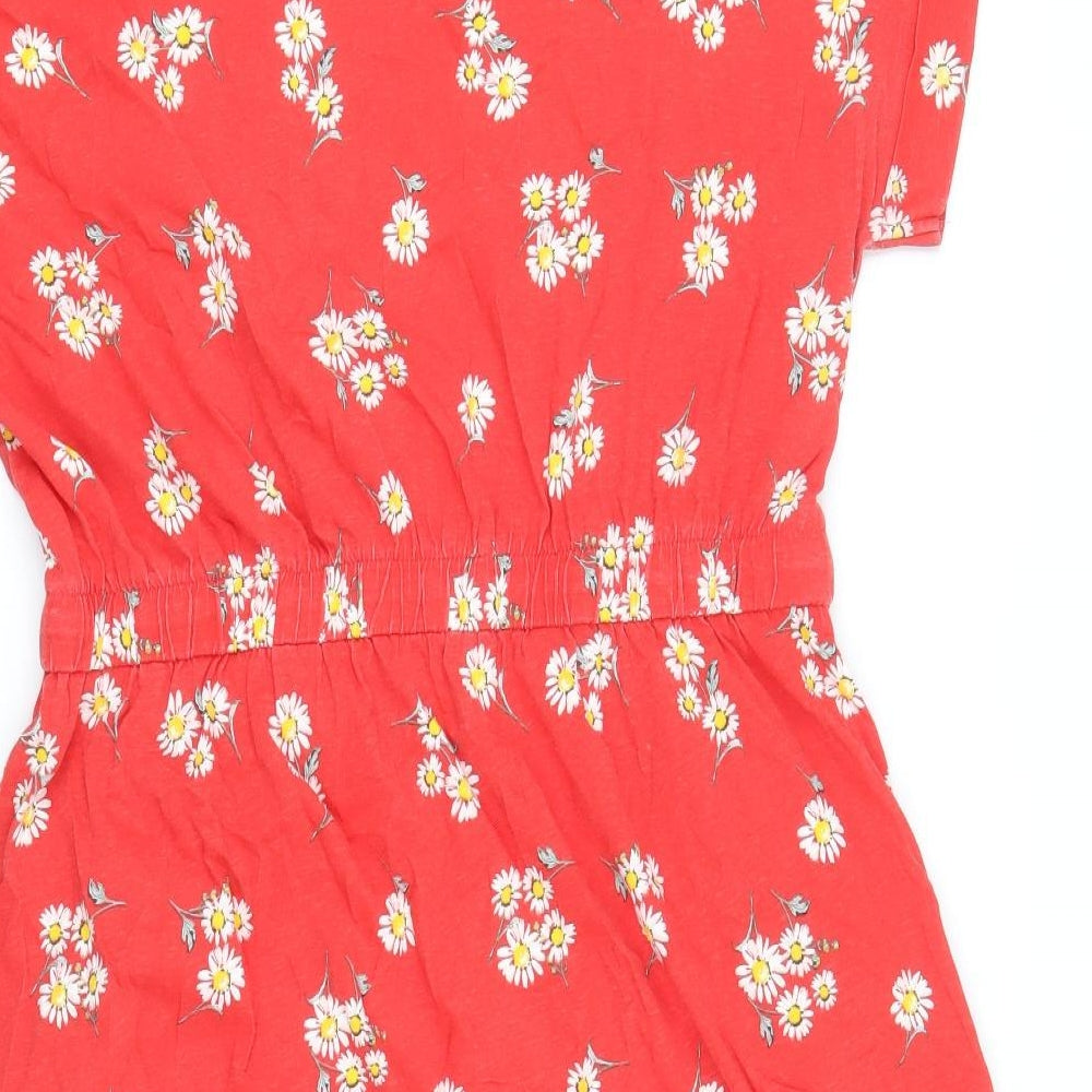 Yours Womens Red Floral Cotton Skater Dress Size 16 V-Neck Pullover