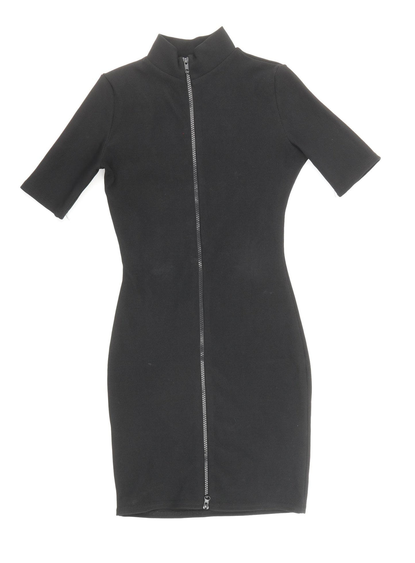 PRETTYLITTLETHING Womens Black Polyester Jumper Dress Size 6 Mock Neck Zip