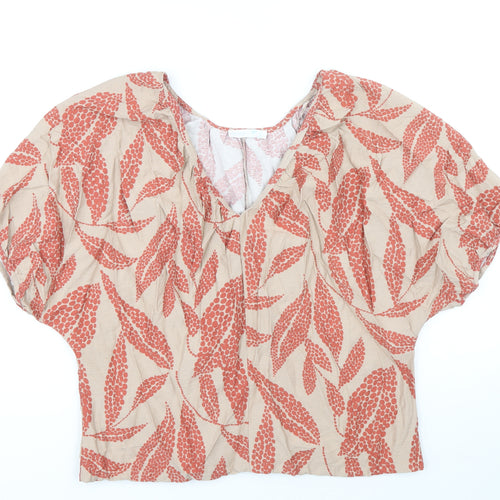 Primark Womens Brown Geometric Viscose Cropped Blouse Size 6 V-Neck - Leaf Print