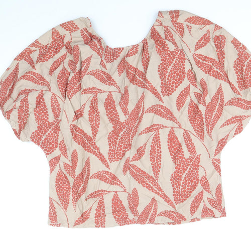 Primark Womens Brown Geometric Viscose Cropped Blouse Size 6 V-Neck - Leaf Print