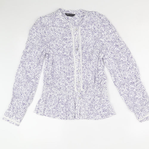 Marks and Spencer Womens White Floral Viscose Basic Button-Up Size 8 Round Neck