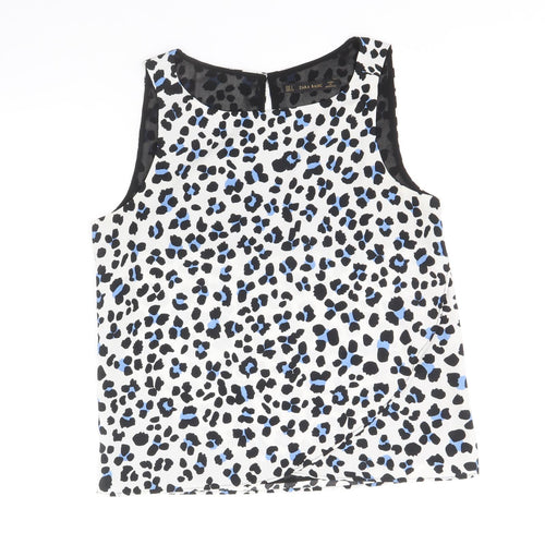 Zara Womens White Animal Print Polyester Basic Blouse Size S Scoop Neck