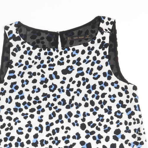 Zara Womens White Animal Print Polyester Basic Blouse Size S Scoop Neck