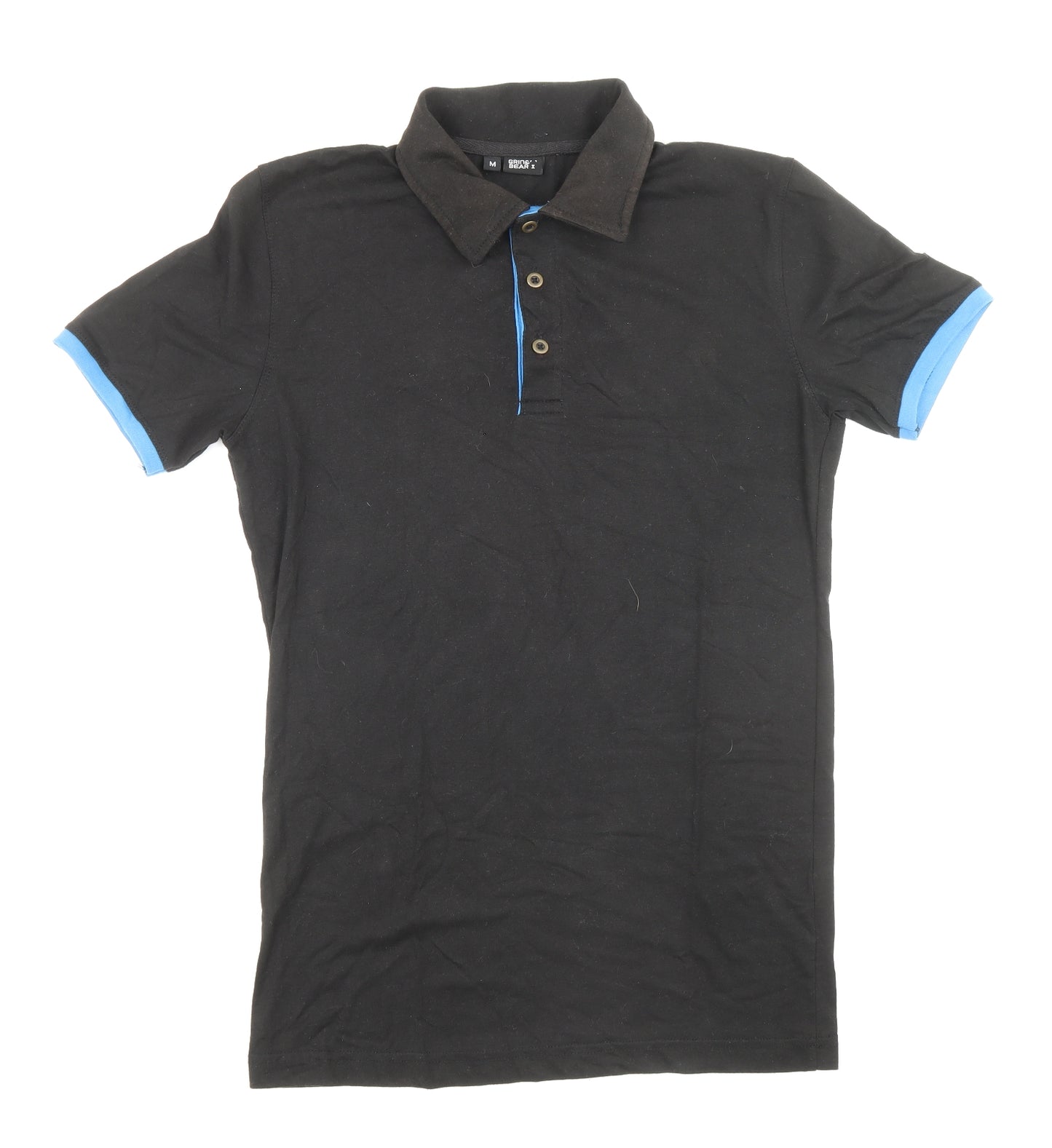 Grin&Bear Mens Black Cotton Polo Size M Collared Button