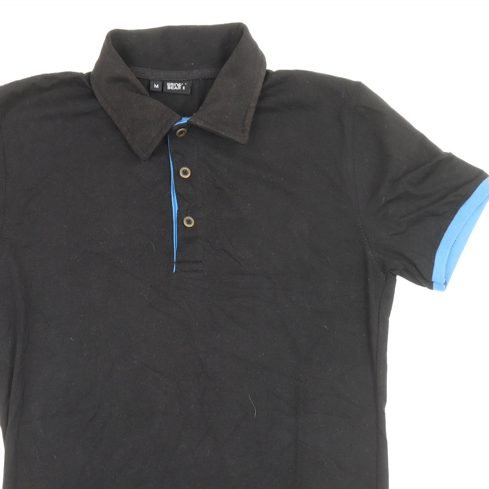 Grin&Bear Mens Black Cotton Polo Size M Collared Button